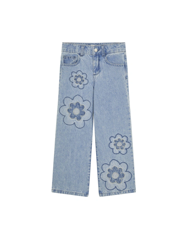 Girls Denim Flower Jeans - Blue