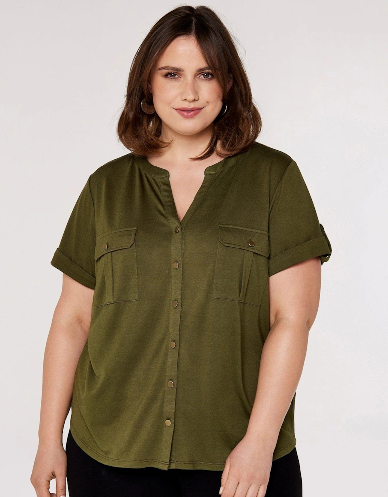 Military V Neck Button Down Top