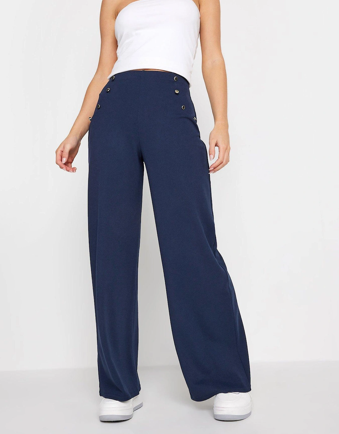 Petite Navy Button Front Wide Leg Trousers, 2 of 1
