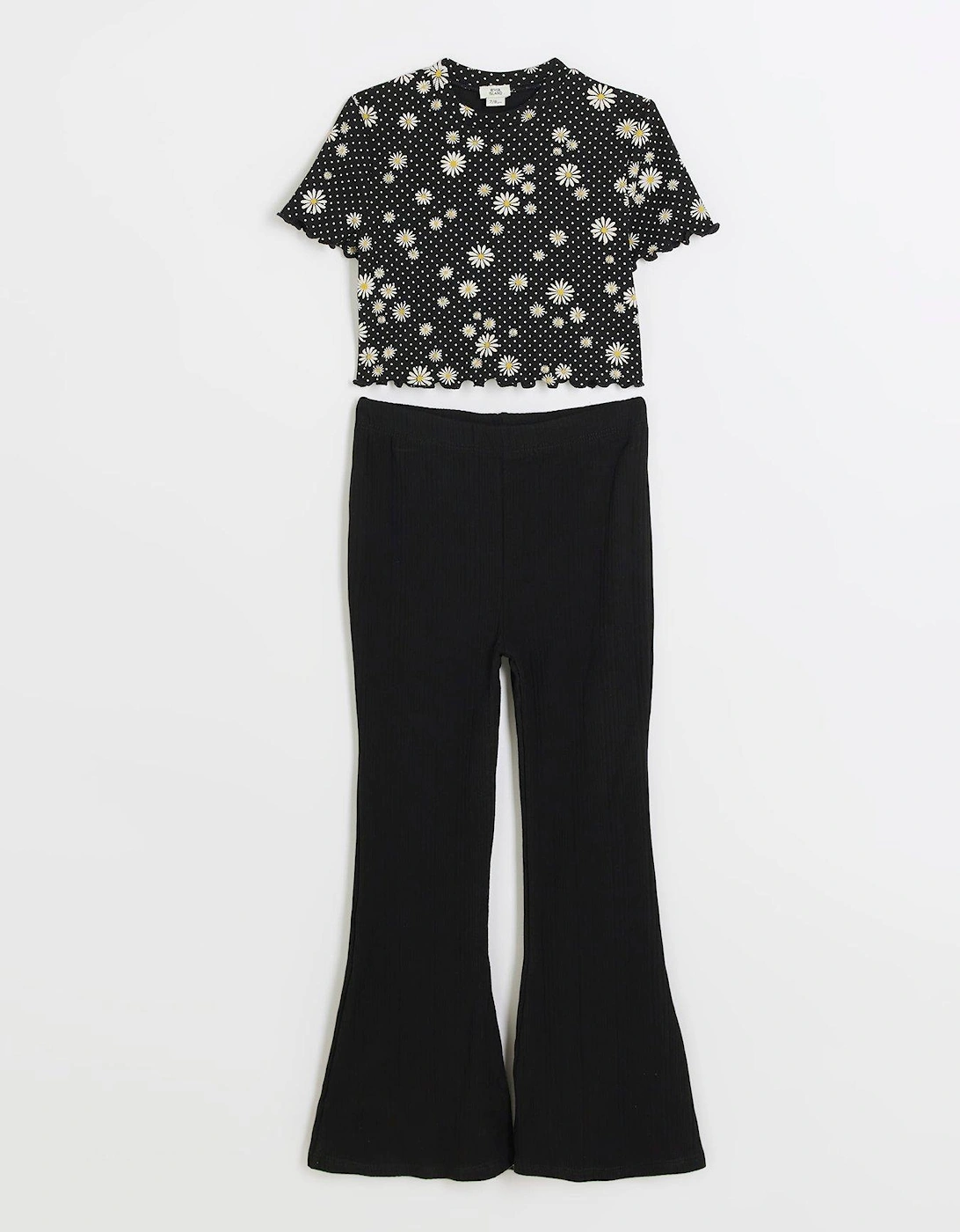 Girls Floral Top And Trousers Set - Black
