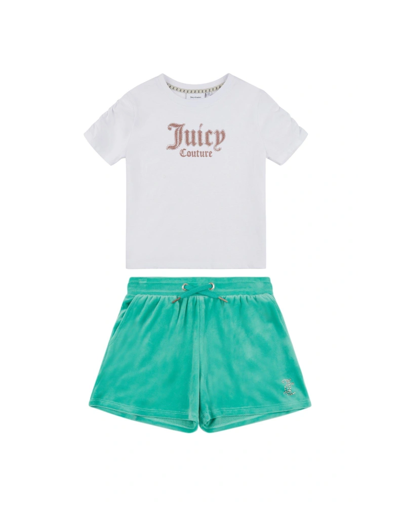 Girls Diamante Ruched Sleeve Tee And Short Set - Bright White