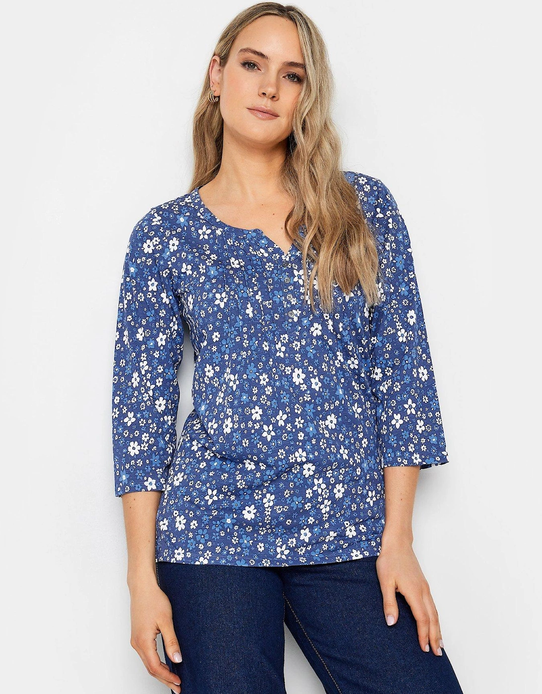 Tall Navy Floral 3/4 Sleeve Pintuck Henley, 2 of 1