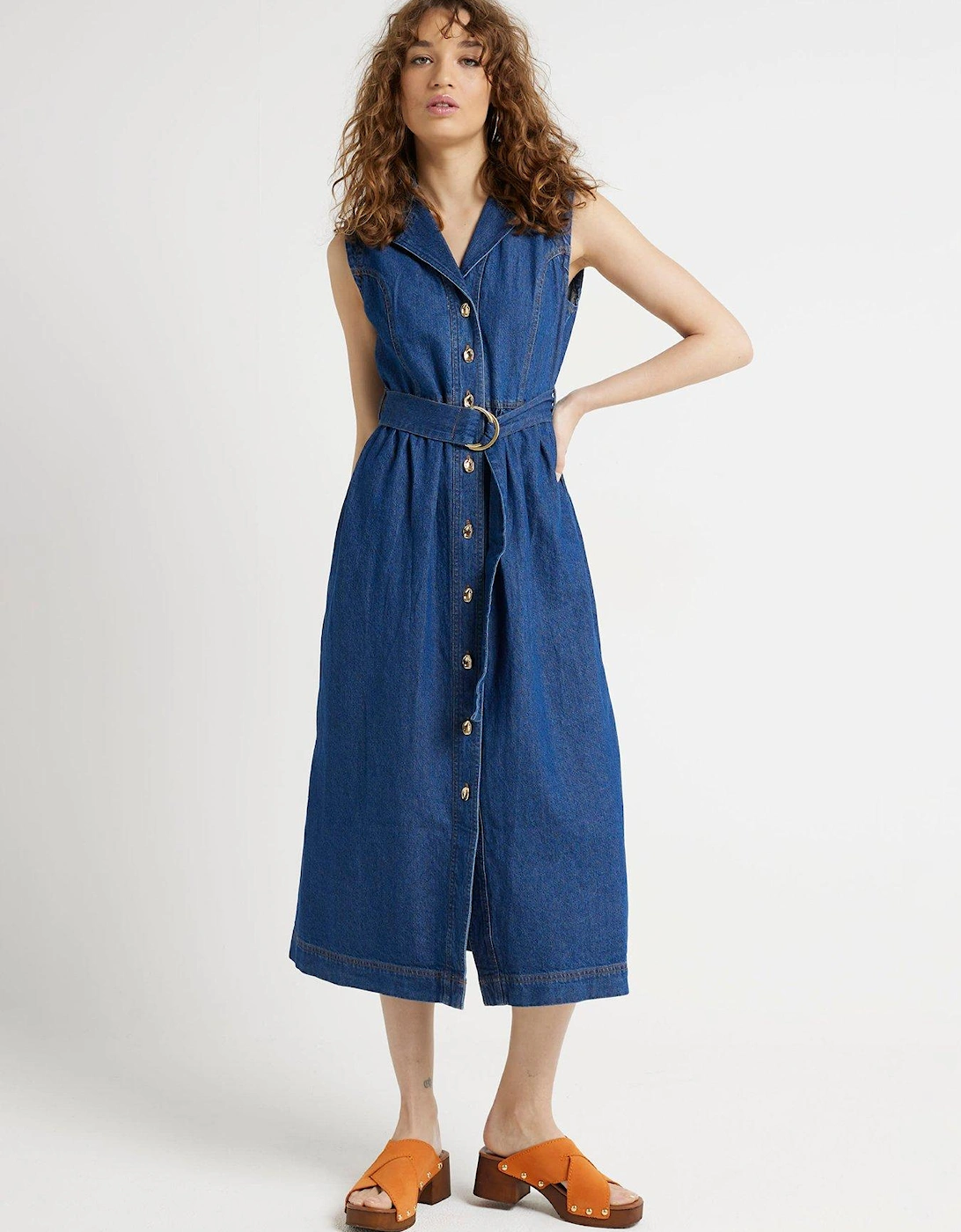 Belted Denim Midi Dress - Dark Blue, 6 of 5