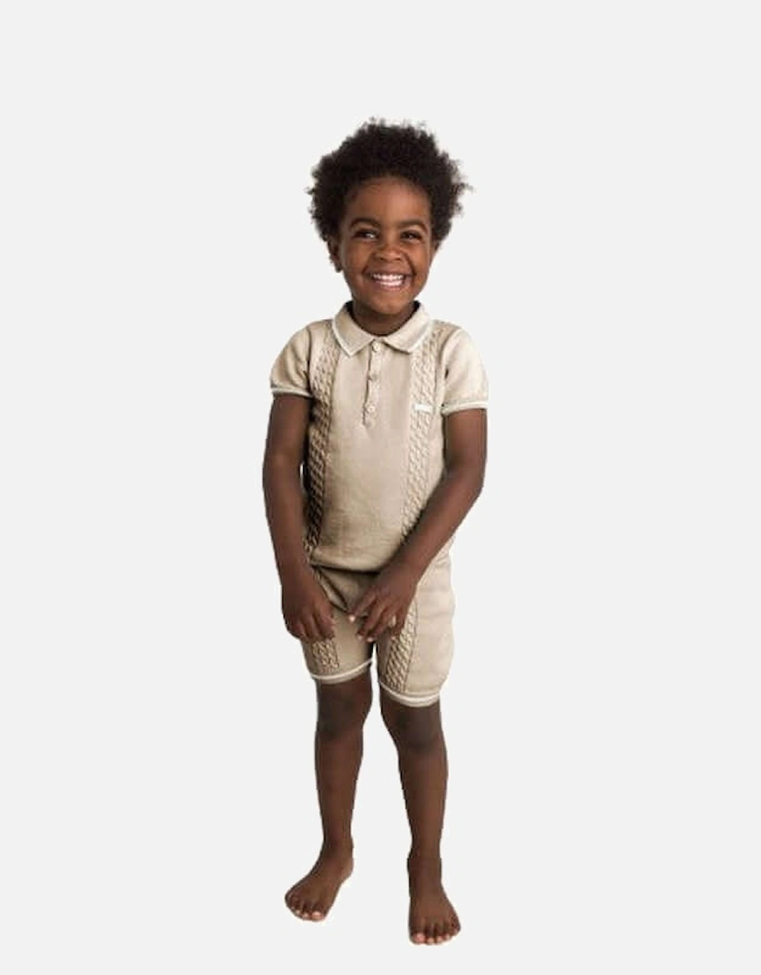 Boys Beige Cable Knit Polo Short Set, 2 of 1