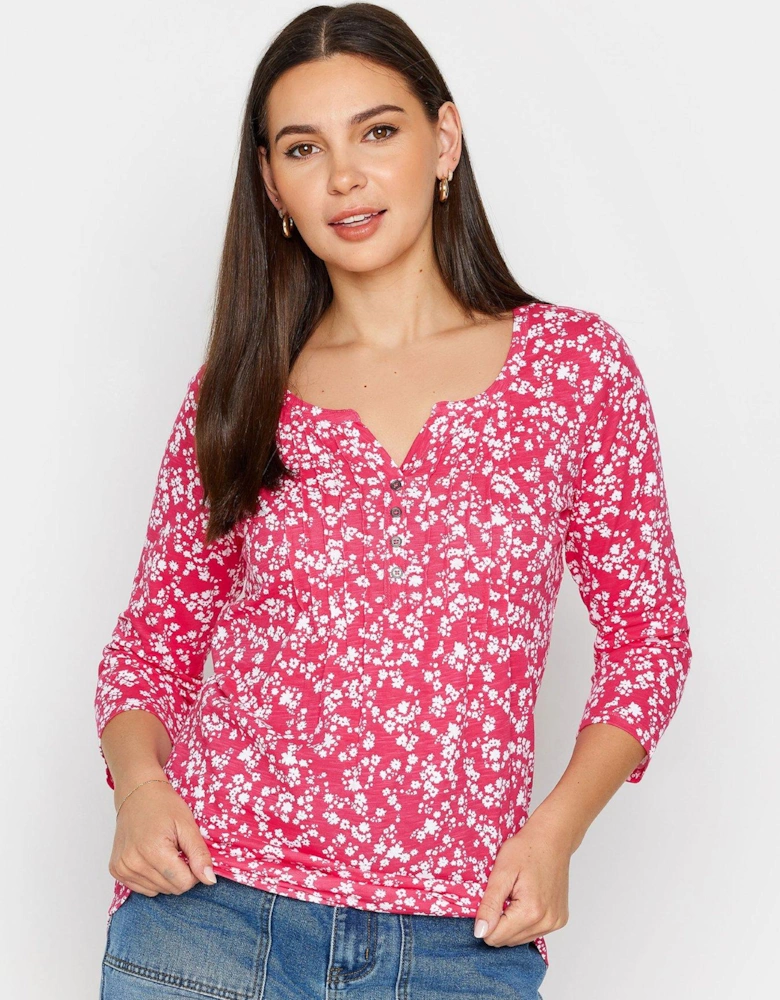 Tall Pink Ditsy 3/4 Sleeve Pintuck Henley