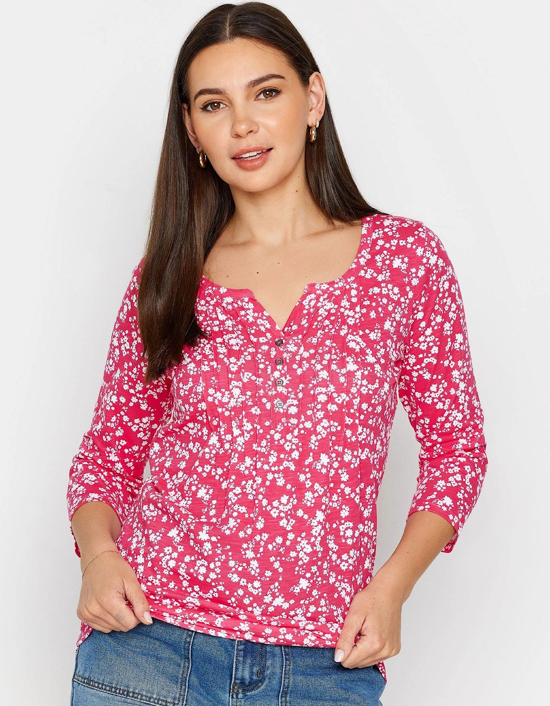 Tall Pink Ditsy 3/4 Sleeve Pintuck Henley, 2 of 1