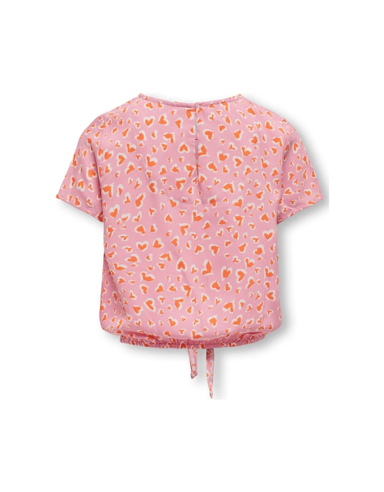 Girls Heart Print Short Sleeve Tie Front Tshirt - Begonia Pink