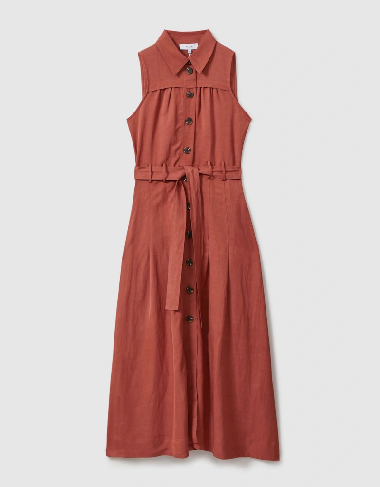 Viscose-Linen Belted Midi Dress