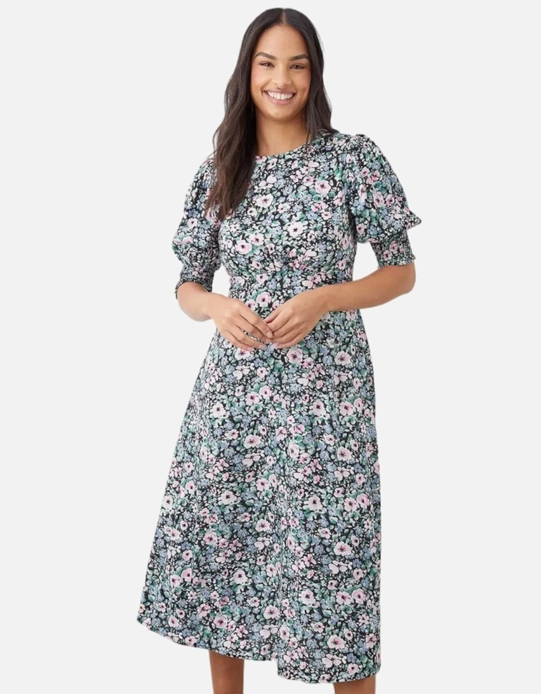 Womens/Ladies Floral Shirred Cuff Midi Dress