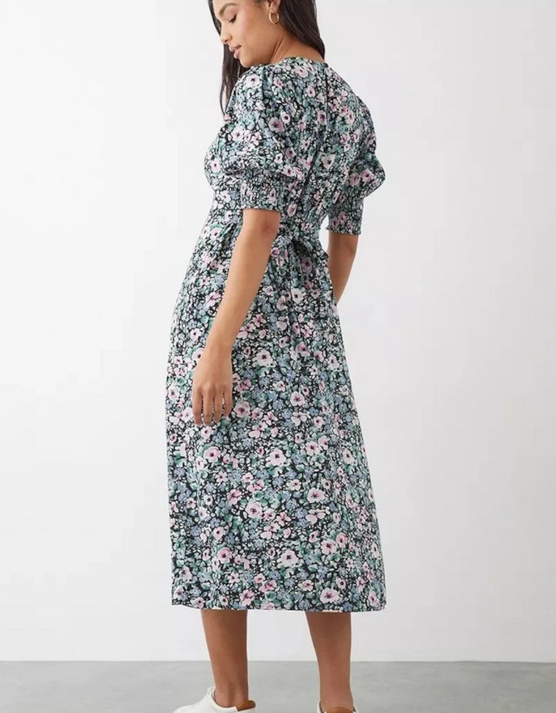 Womens/Ladies Floral Shirred Cuff Midi Dress