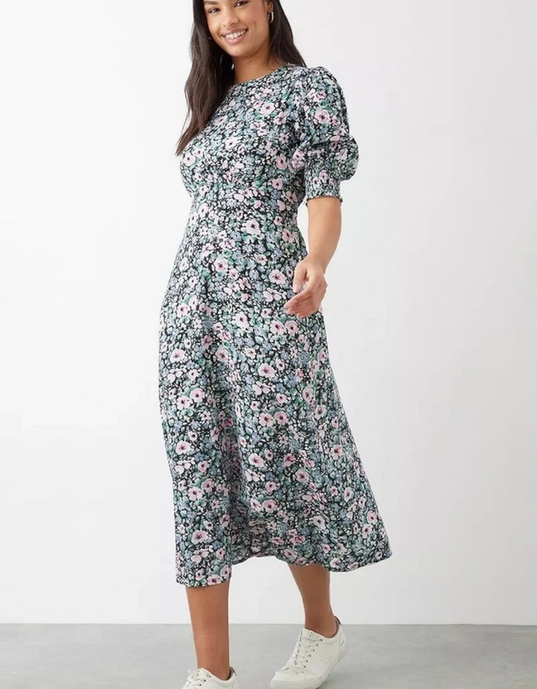 Womens/Ladies Floral Shirred Cuff Midi Dress