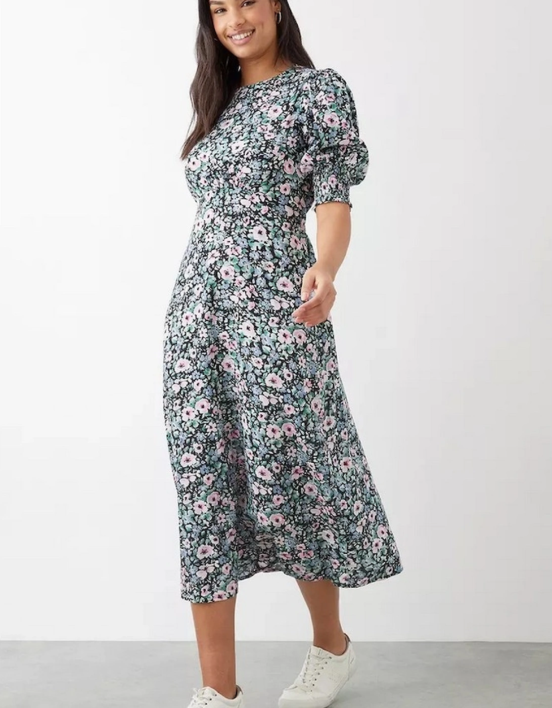 Womens/Ladies Floral Shirred Cuff Midi Dress