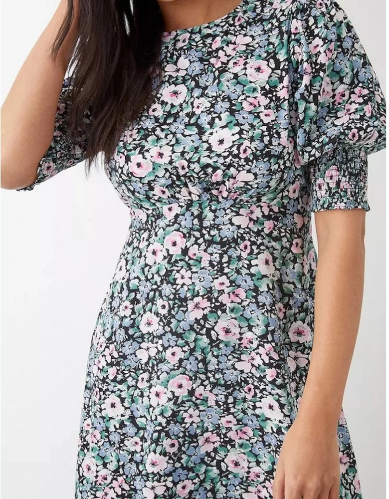 Womens/Ladies Floral Shirred Cuff Midi Dress