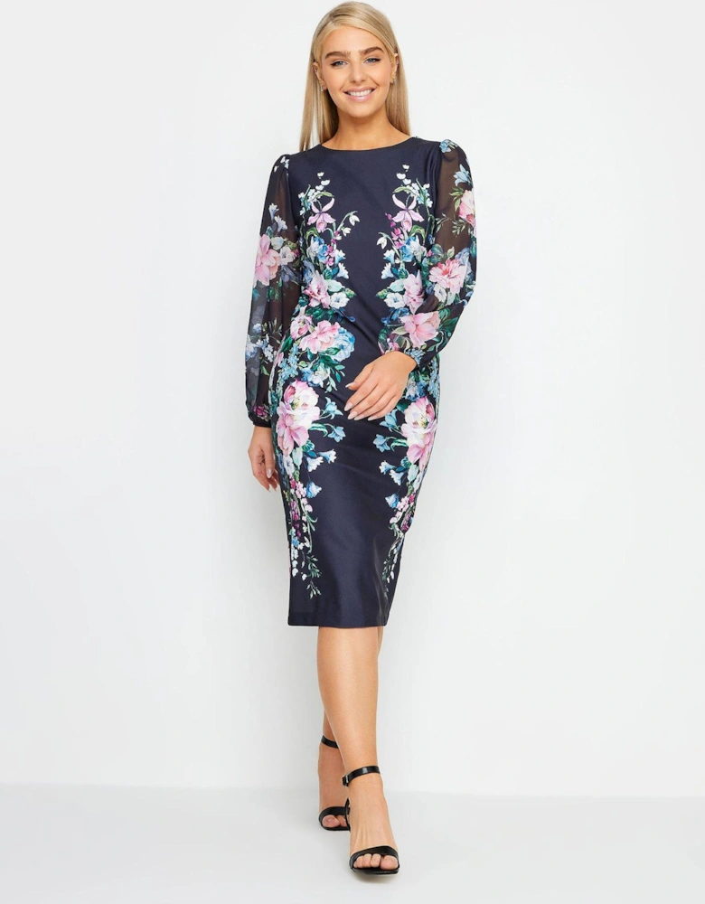 Navy Floral Chiffon Sleeve Shift Dress