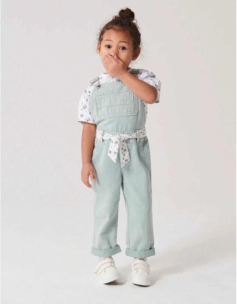 Mini Girls Sage Green Floral Dungaree Set - Green