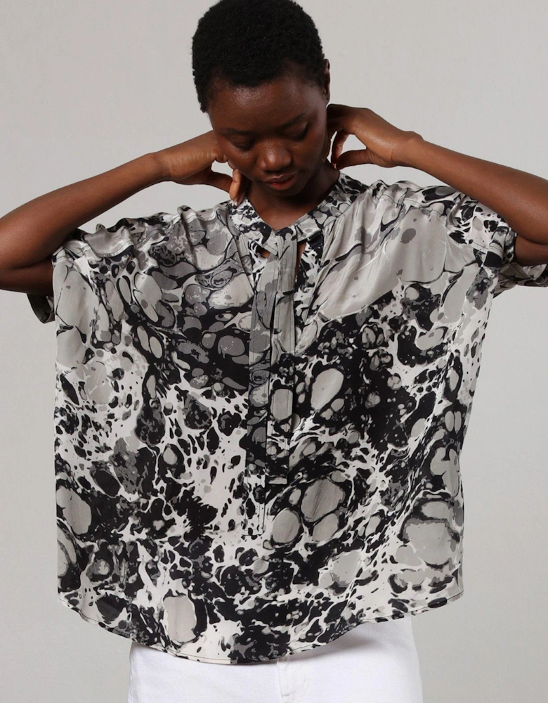 Oversized Hidden Blouse in abstract print with neck tie - Multi