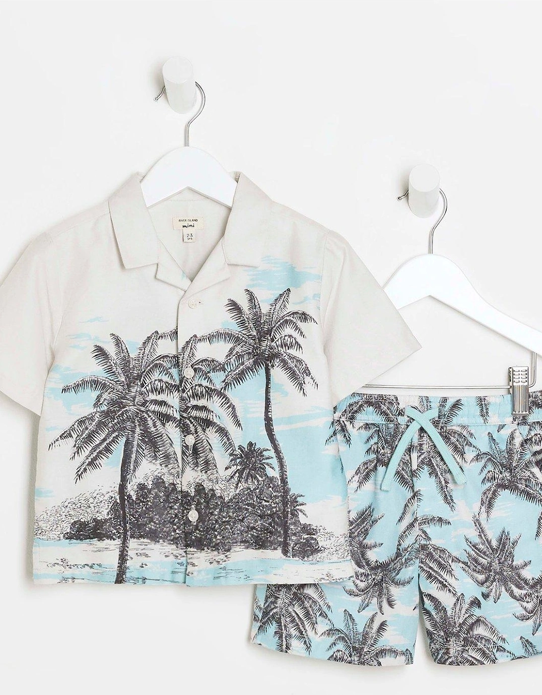 Mini Boys Ecru Palm Tree Shirt And Shorts Set - Cream, 6 of 5