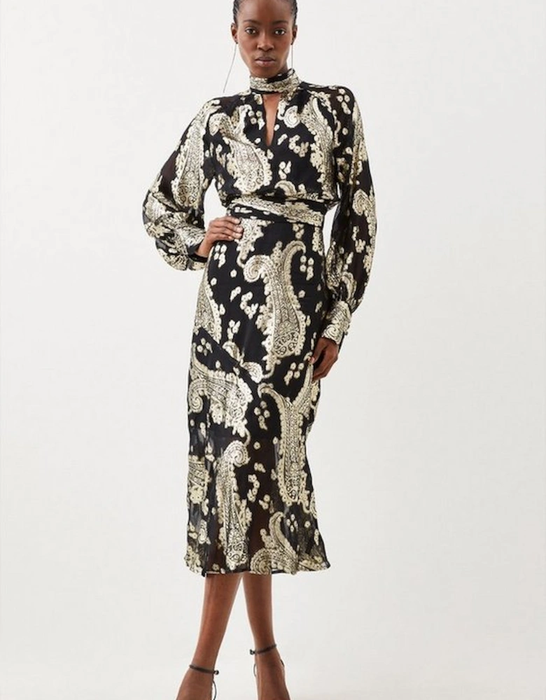 Metallic Viscose Georgette Woven Midi Dress