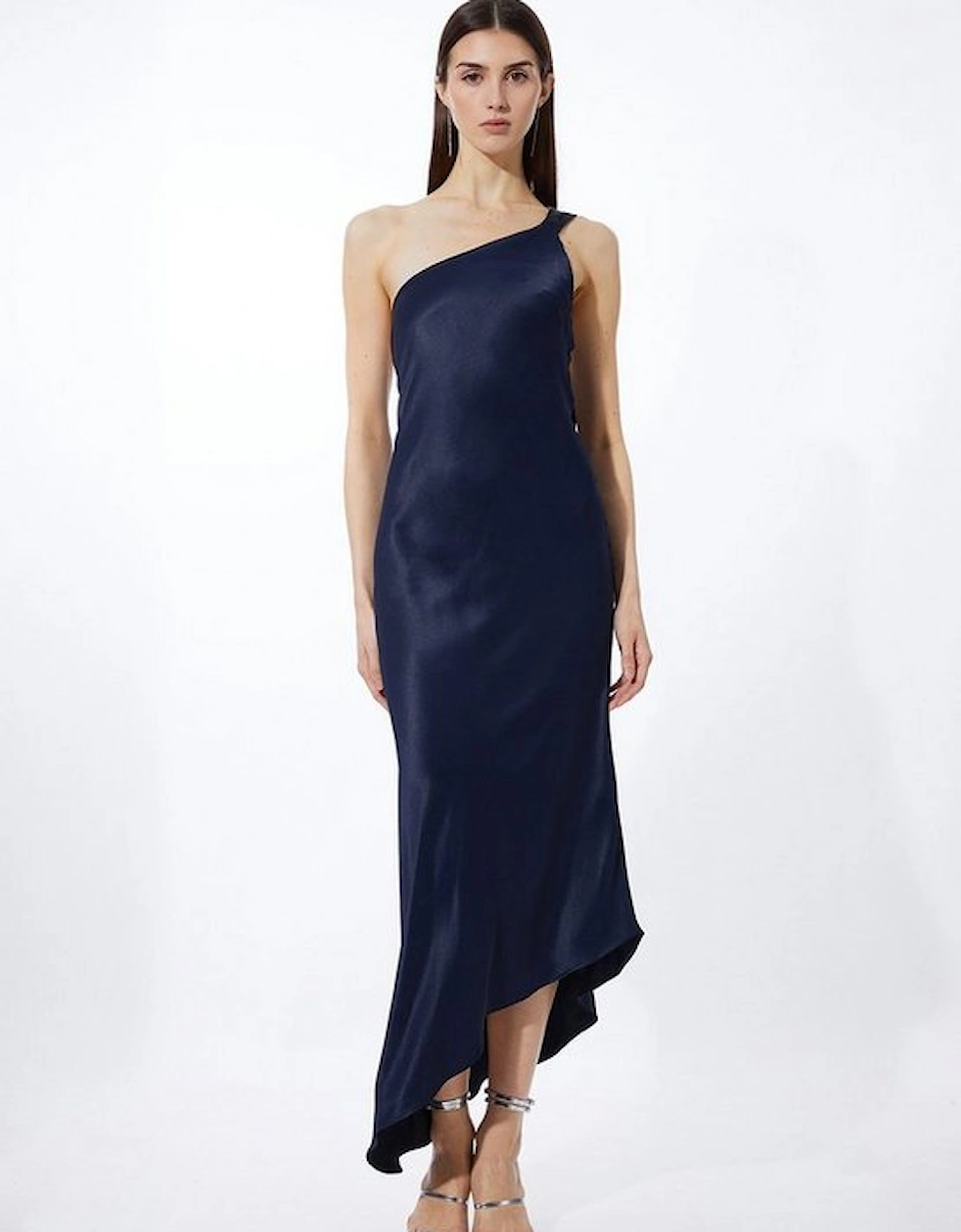 Satin Back Crepe Tailored One Shoulder Chain Detail Asymmetric Midaxi Dress, 5 of 4