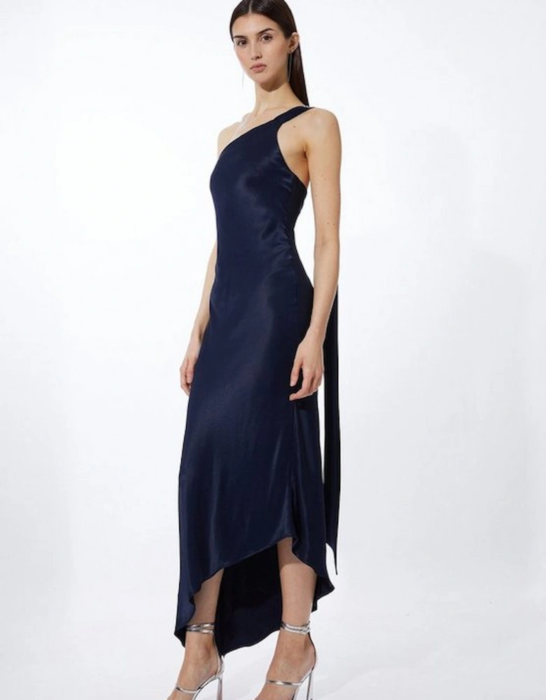 Satin Back Crepe Tailored One Shoulder Chain Detail Asymmetric Midaxi Dress
