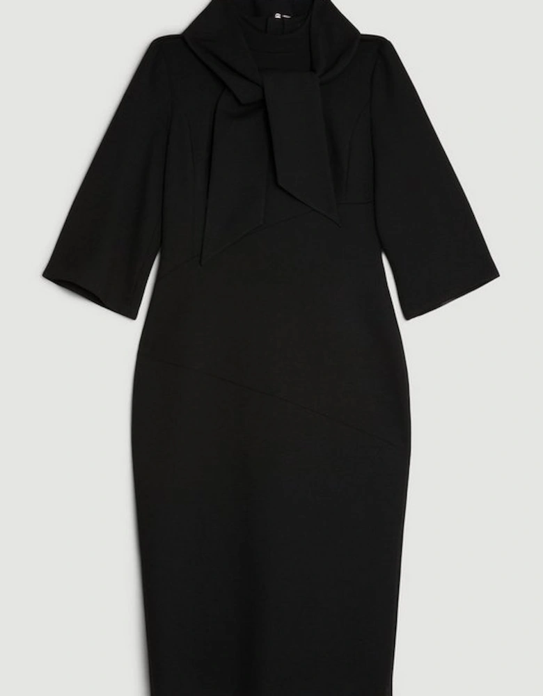 The Founder Tailored Compact Stretch Neck Tie Midi Pencil Dress