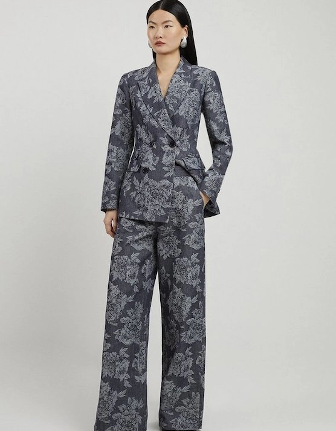Tailored Floral Denim Pleated Wide Leg Trousers, 4 of 3