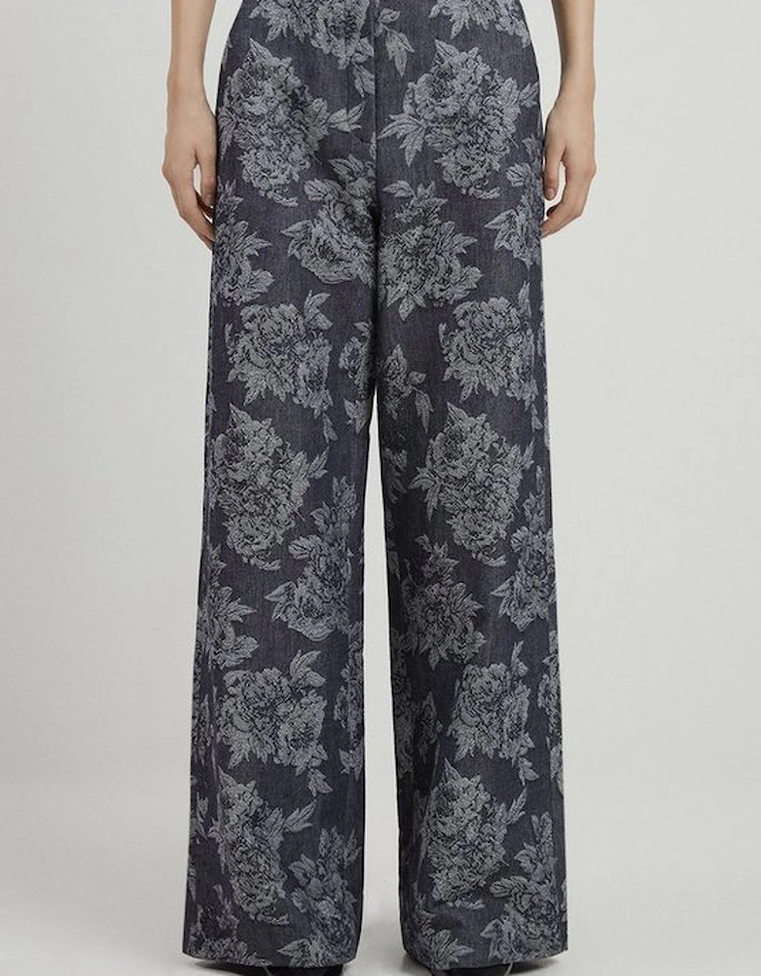 Tailored Floral Denim Pleated Wide Leg Trousers