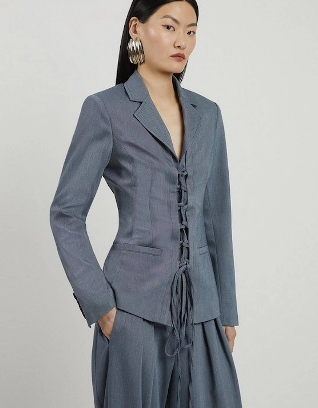 Corseted Tie Detail Front Tailored Longline Blazer, 4 of 3
