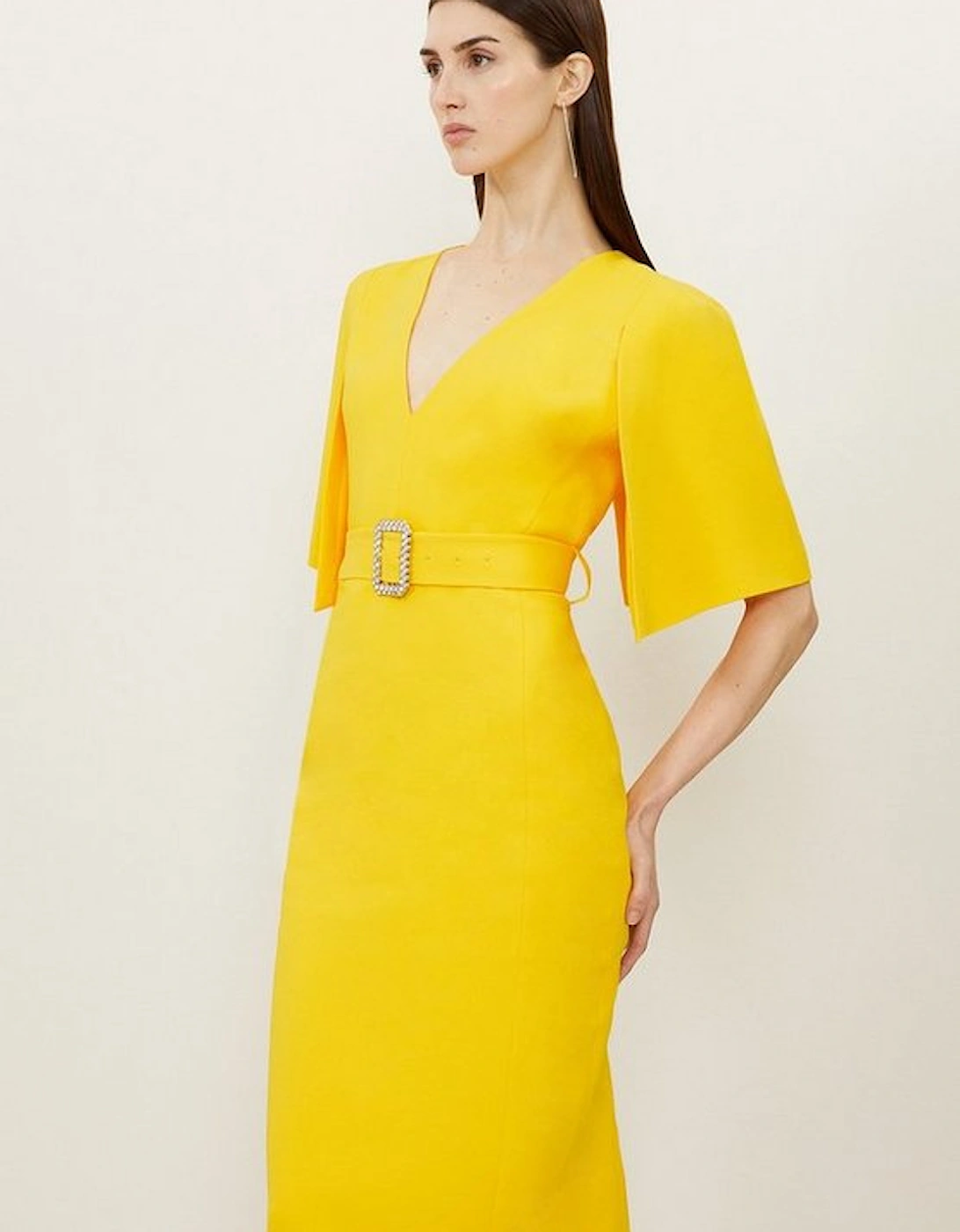 Compact Stretch Viscose Cape Pencil Midi Dress