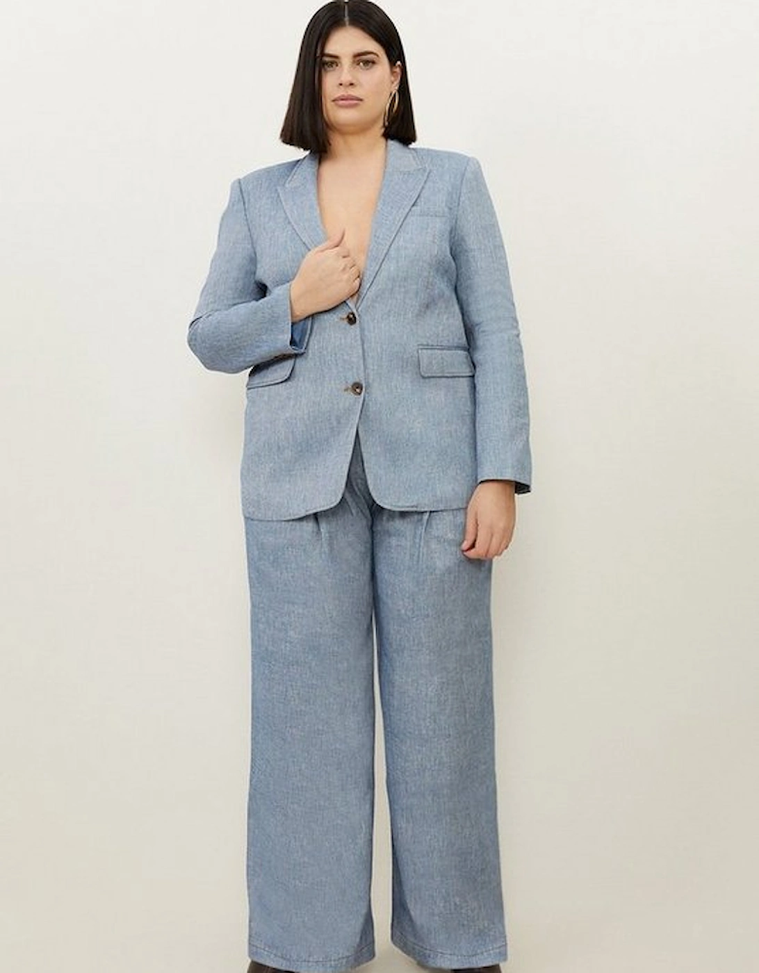 Plus Size Tailored Denim Look Linen Single Breasted Jacket