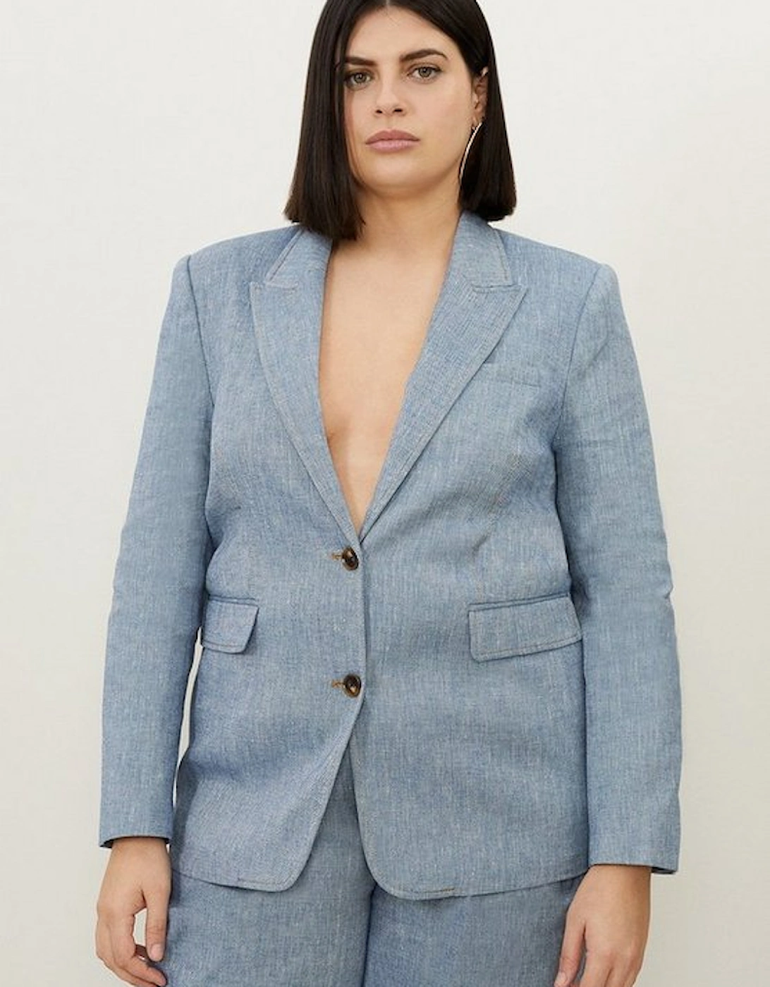 Plus Size Tailored Denim Look Linen Single Breasted Jacket, 5 of 4