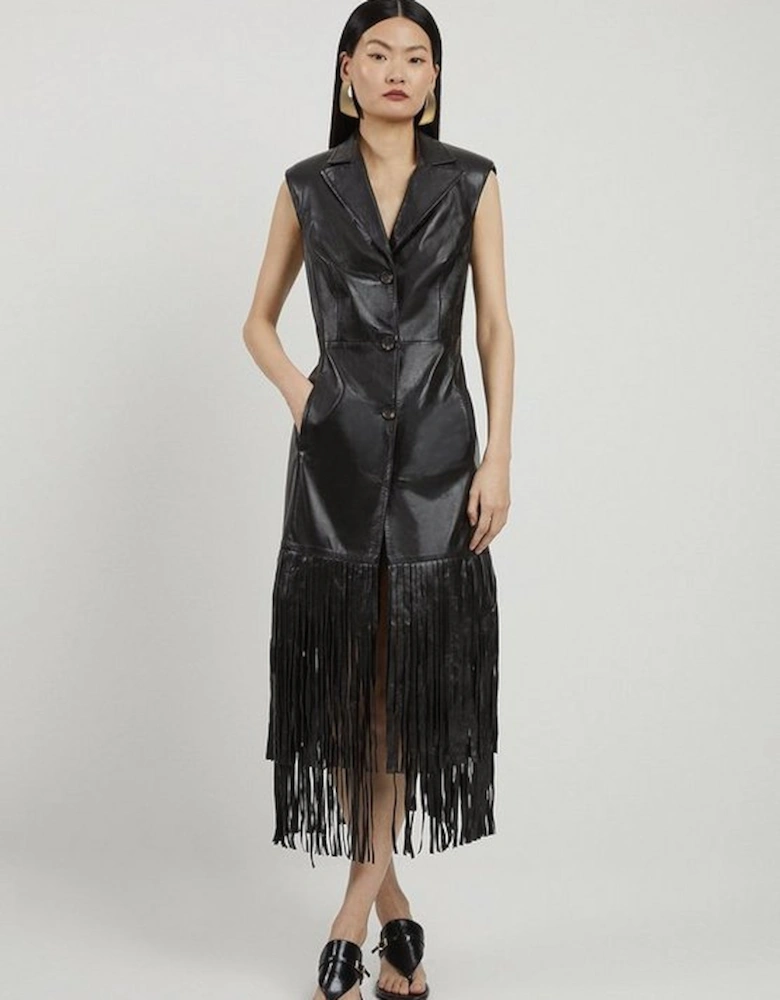 Leather Sleeveless Tassel Hem Tailored Blazer Maxi Dress