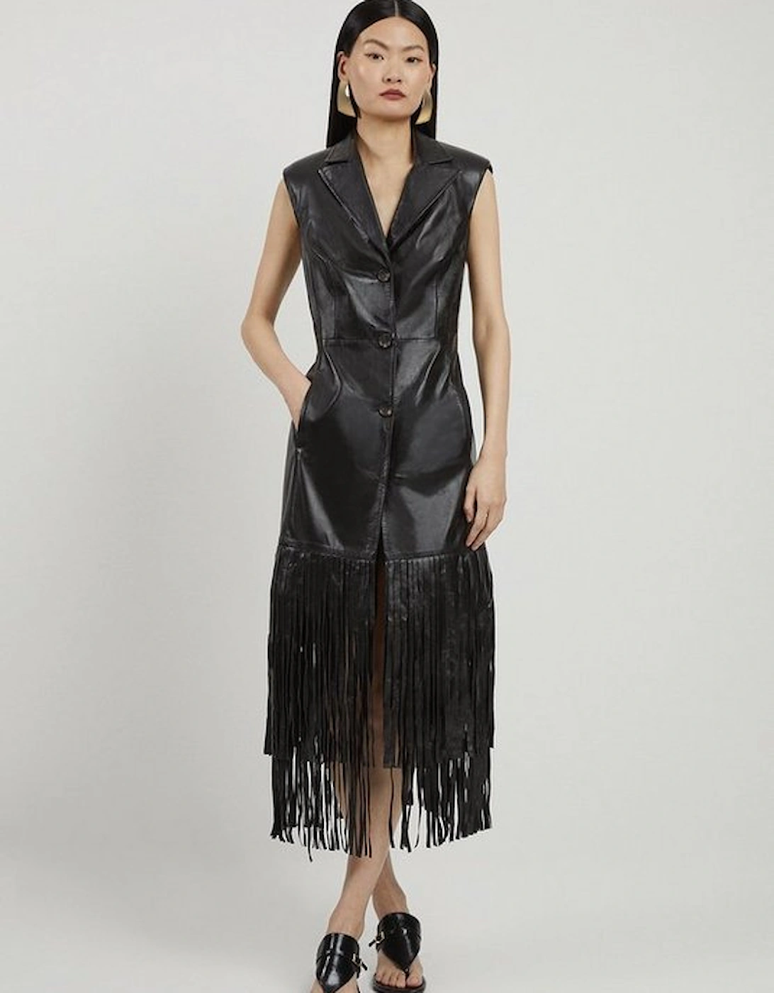 Leather Sleeveless Tassel Hem Tailored Blazer Maxi Dress, 5 of 4