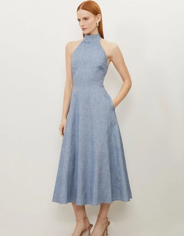 Tailored Denim Look Linen Strappy Full Skirted Midi Dress