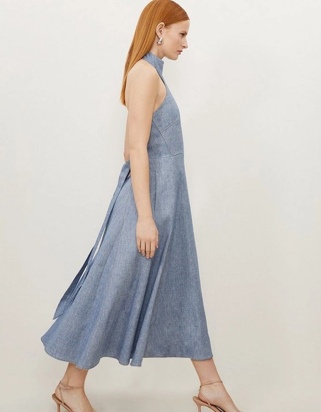 Tailored Denim Look Linen Strappy Full Skirted Midi Dress
