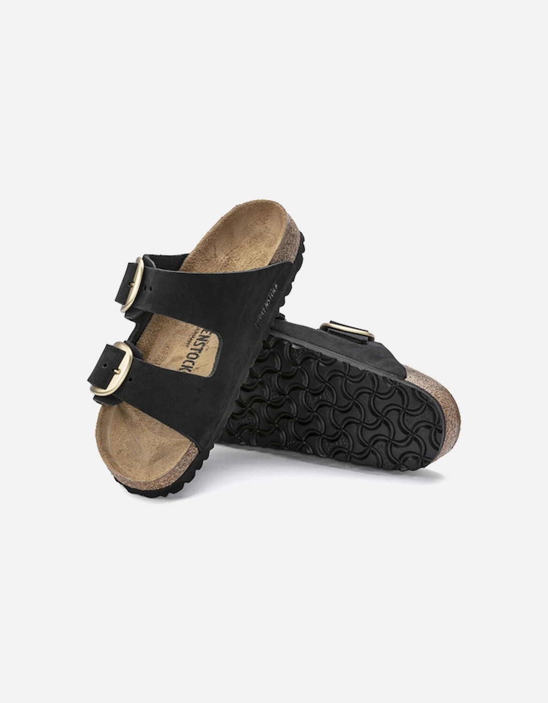 Women's Big Buckle Nubuck Leather Sandal Narrow Fit Black (Gold)