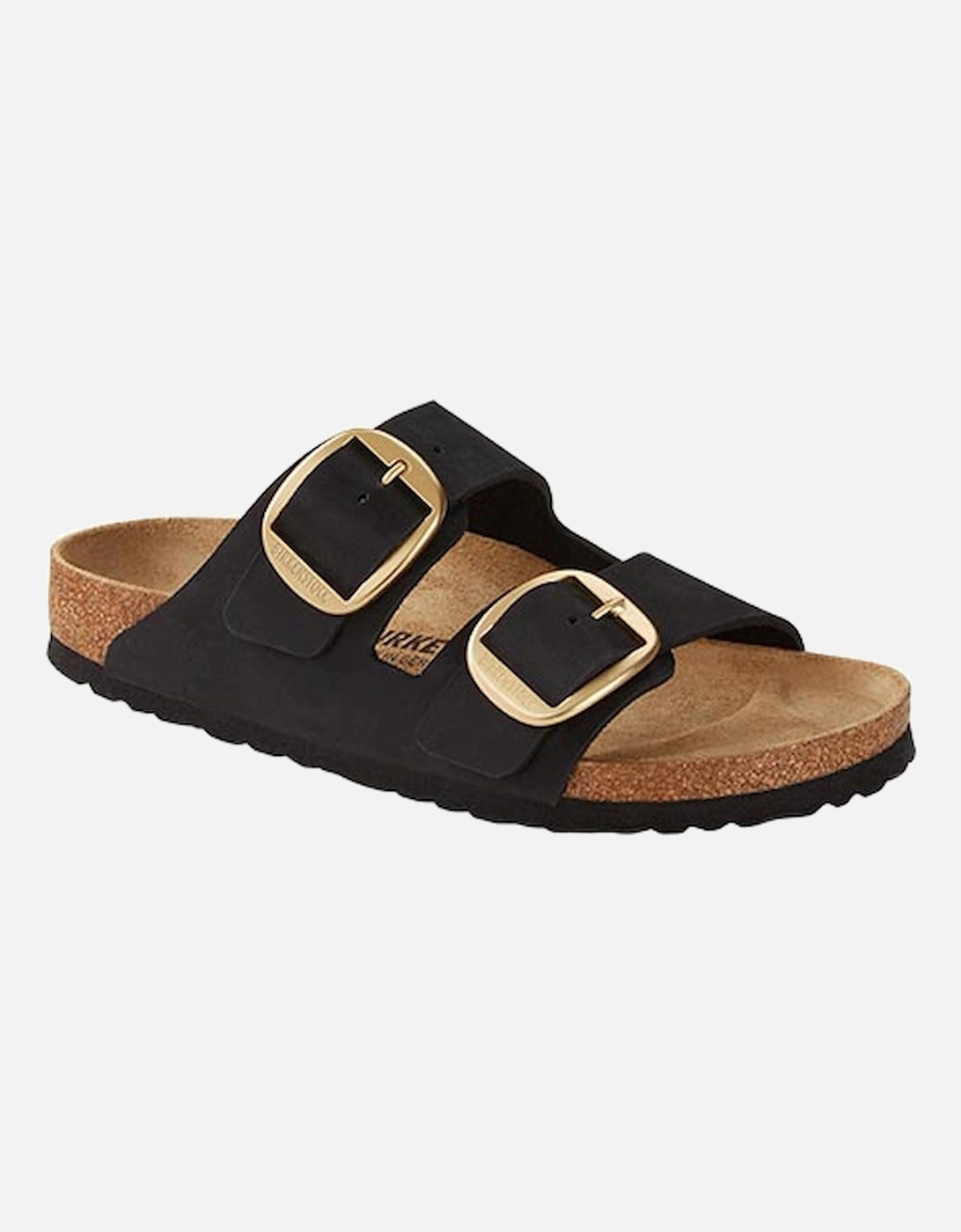 Women's Big Buckle Nubuck Leather Sandal Narrow Fit Black (Gold)