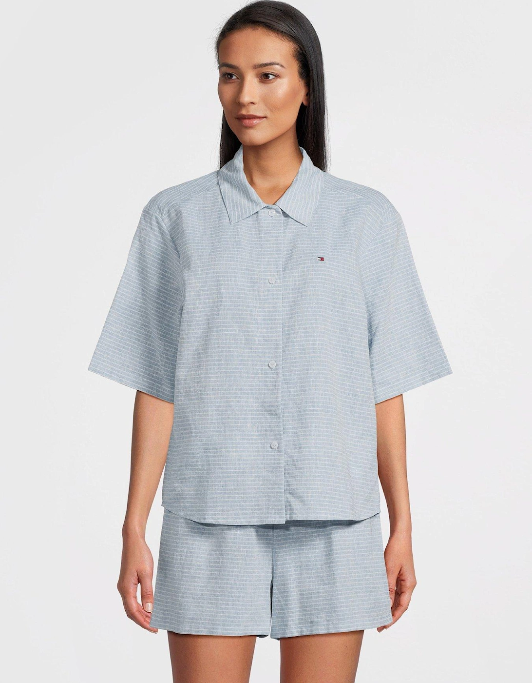 Short Sleeve Linen Pyjama Set - Blue, 3 of 2