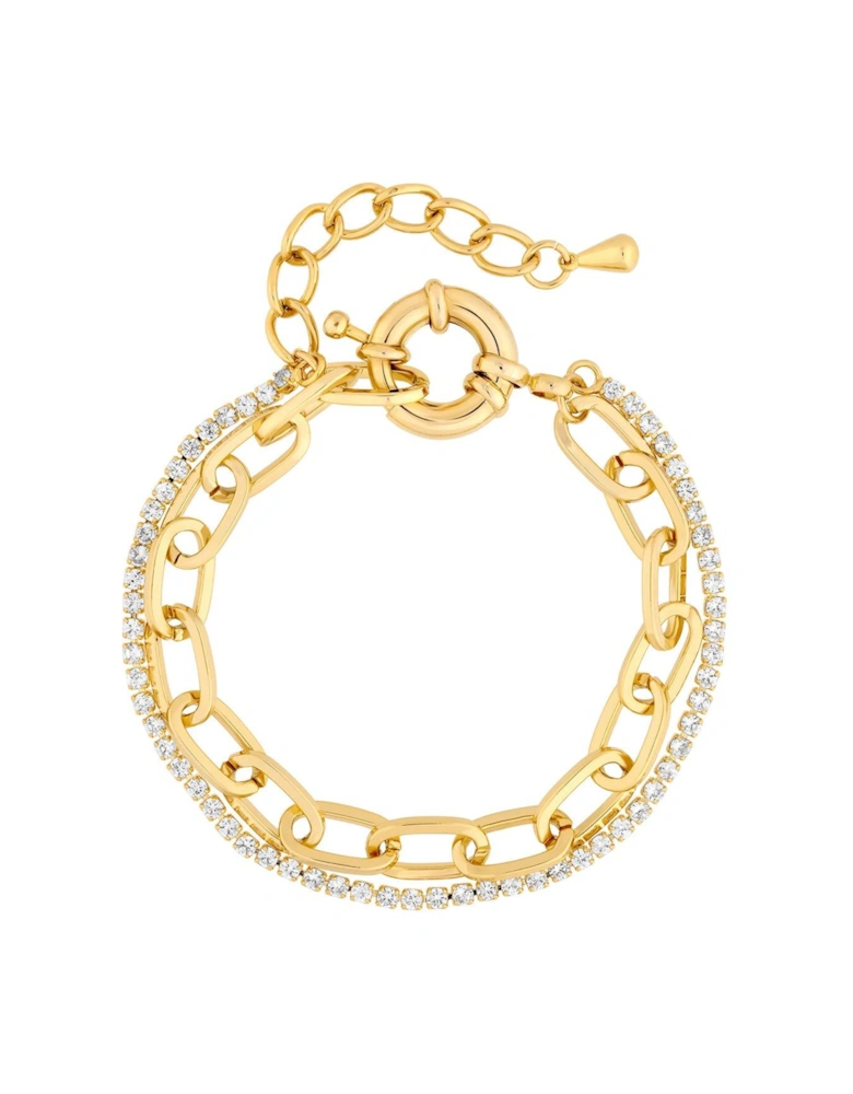 Gold Plated Chain And Crystal Double Bracelet
