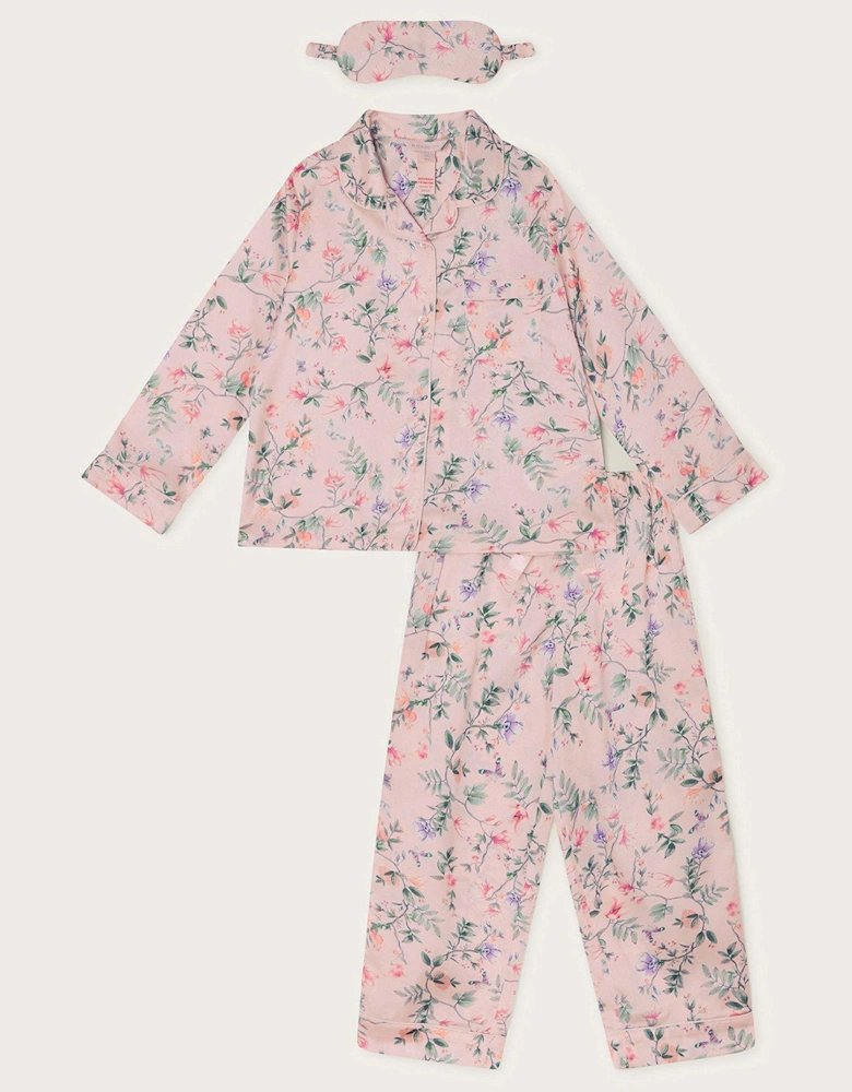 Girls Satin Azalea Print Long Pyjamas - Pink