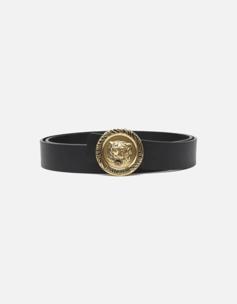 Gold Tiger Buckle Leather Black Belt