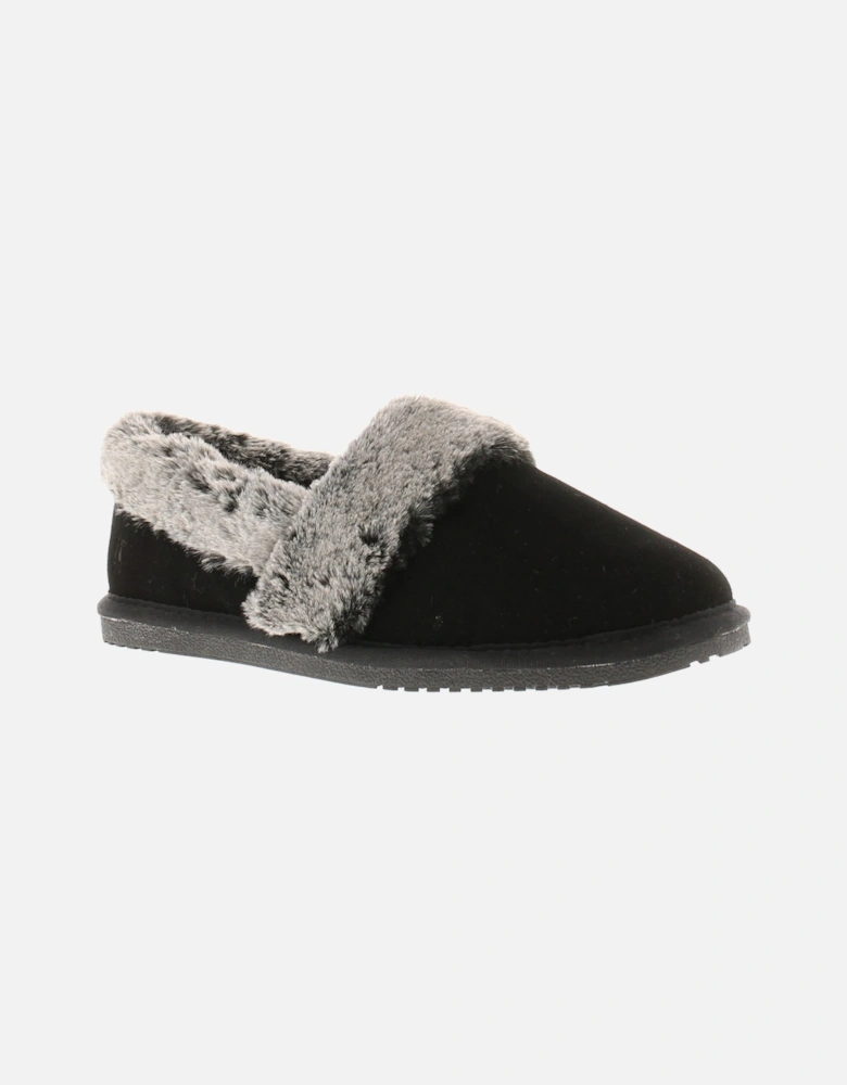 Womens Slippers Full Fluffy Ariel Suede Leather black UK Size