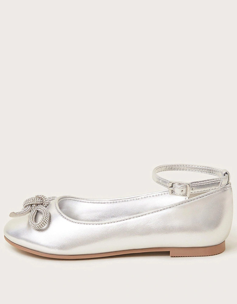 Girls Bow-Embellished Ballet Flat Shoes - Silver