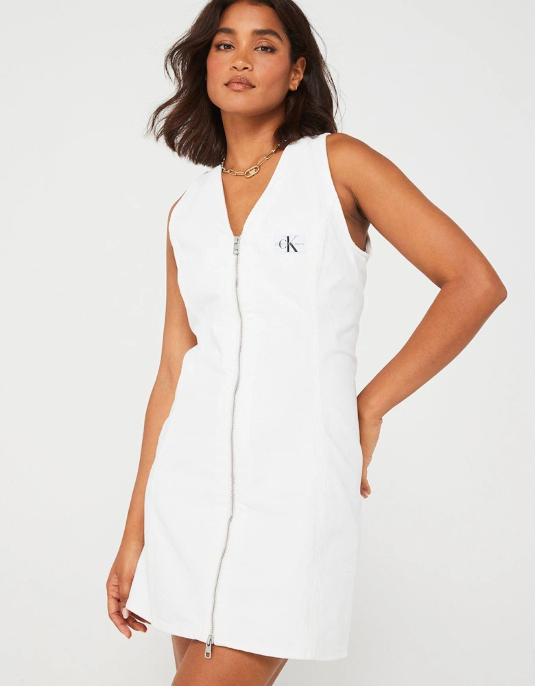 Denim Zip Through Sleeveless Dress - White