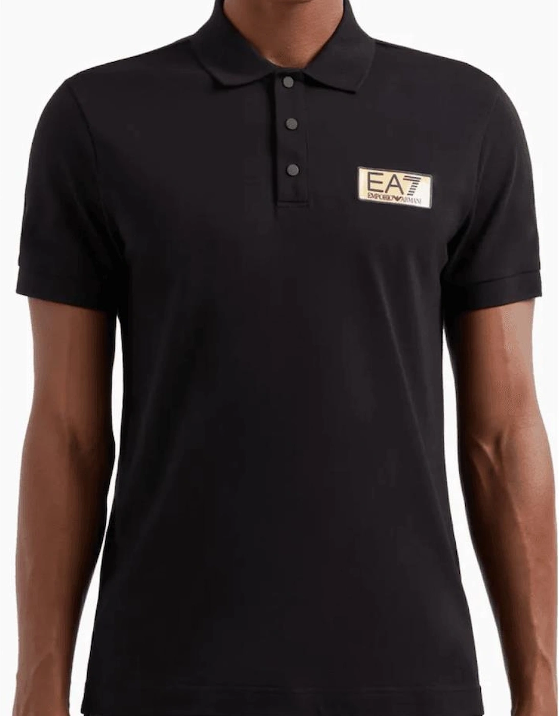 Gold Plaque Logo Short Sleeve Black Polo Shirt
