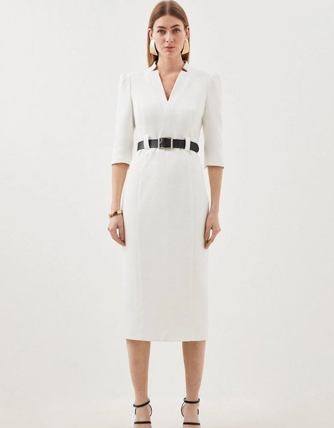 Structured Crepe Forever Belted Midi Pencil Dress, 5 of 4