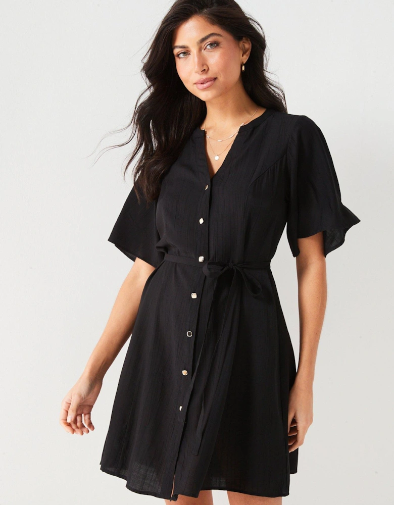 Angel Sleeve Button Thru Mini Shirt Dress - Black