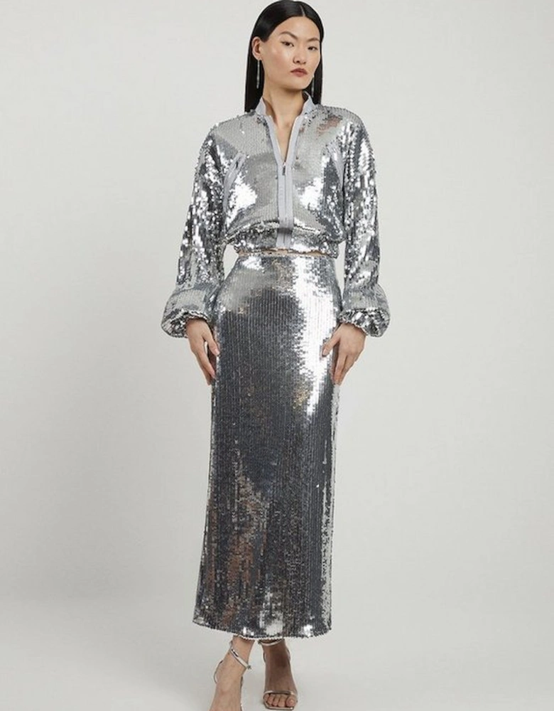 Sequin Front Split Woven Midi Skirt