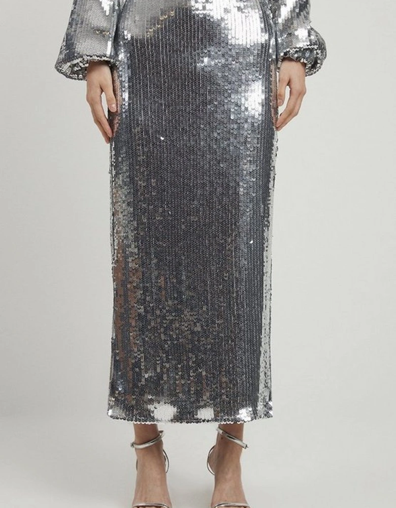 Sequin Front Split Woven Midi Skirt