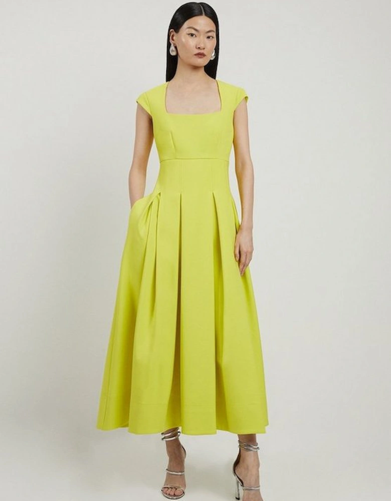 Clean Tailored Square Neck Full Skirted Midi Dress